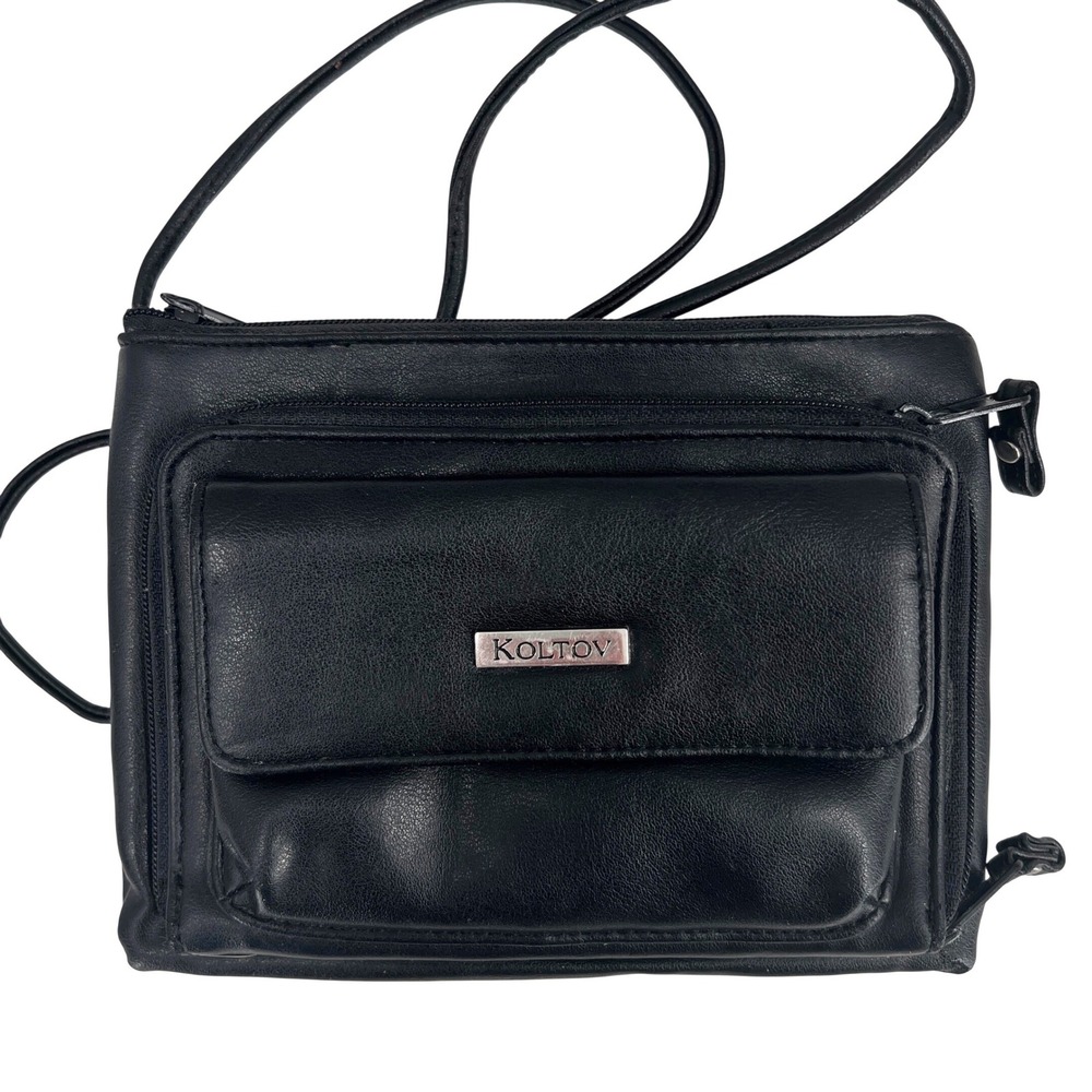 Koltov Womens Small Crossbody Bag Black Faux Leather Multi Pocket‎ Organizer